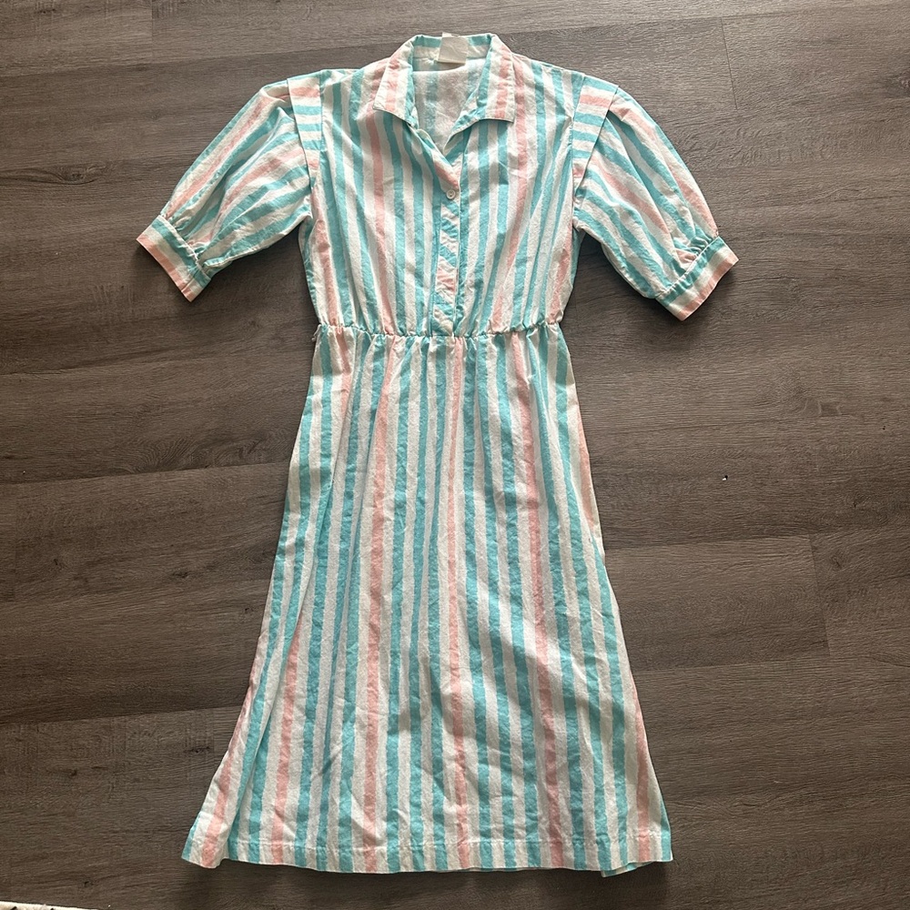 Vintage Striped Button-Front Midi Dress in Mint & Peach
